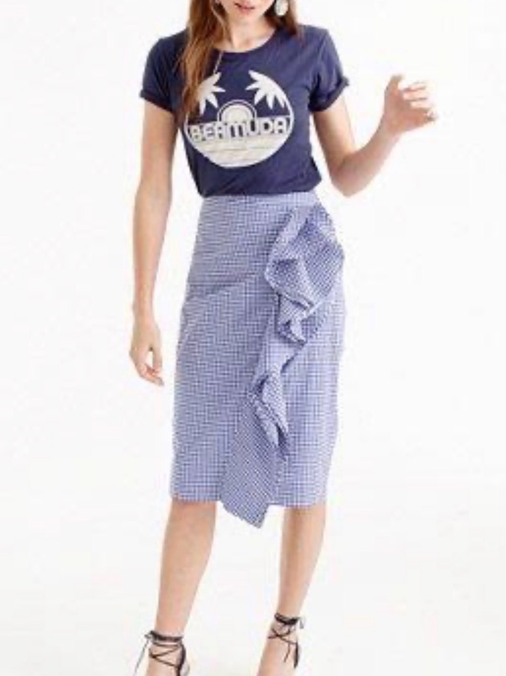 NWT J. Crew & Thomas Mason Blue Gingham Pencil Skirt with Ruffle Detail